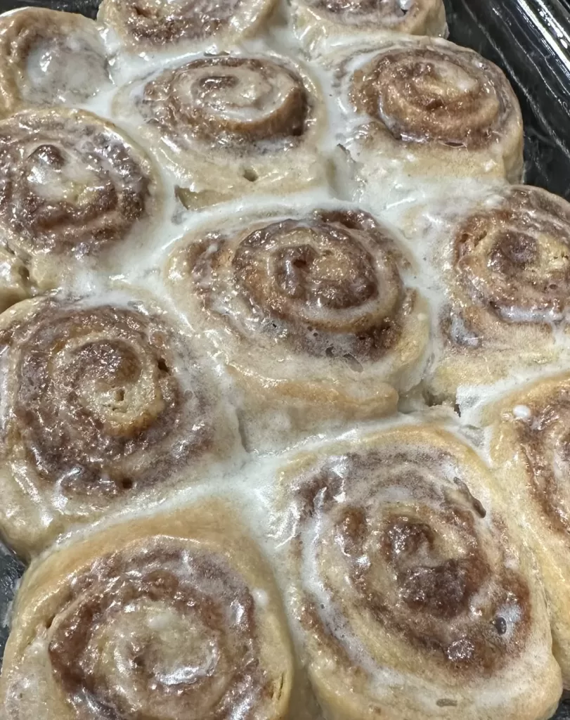 Image of cinnamon sweet rolls in a casserole dish.