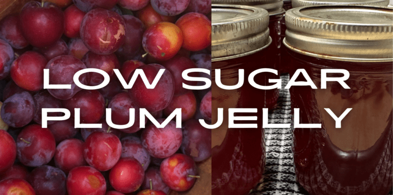 There are two images--one of fresh plums and another of jars filled with jelly. The words read, "Low sugar plum jelly."