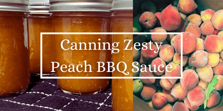 An image of canning jars with orange sauce in them and an image of peaches in a paper bag. The words say, "Canning Zesty Peach BBQ Sauce."