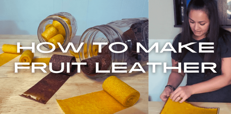 An image of homemade fruit leather rolled up and an image of a girl pulling fruit leather off of a silicone dehydrator mat. The words say, "How To Make Fruit Leather."