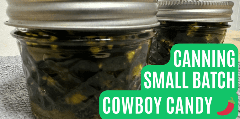 Image of two small jars filled with a jalapeno mixture. Text says, "Canning Small Batch Cowboy Candy."