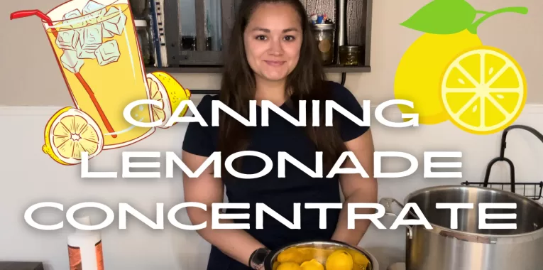 Image show a woman standing at a countertop with a bowl of lemons in front of her. The text reads, "Canning Lemonade Concentrate" and has an image of a glass of lemonade and an image of a lemon and lemon round behind the text.