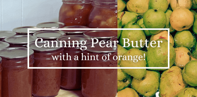 Photo contains two images. One image is of a sealed mason jars with a brown filling. The other is of green and yellows pears bunched together. The text says, "Canning Pear Butter with a hint of orange!"